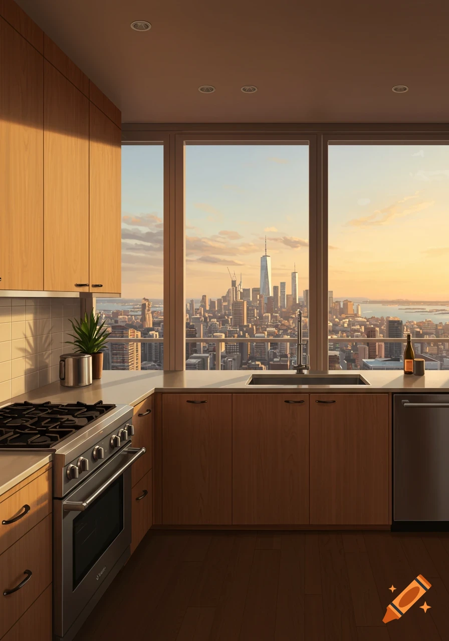 A modern kitchen with wooden cabinets and stainless steel appliances, featuring large windows overlooking a city skyline at sunset.