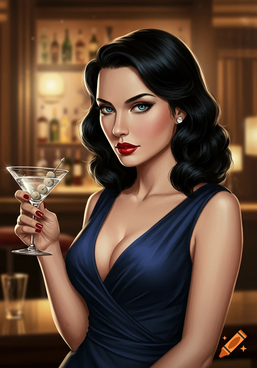 A retro-styled illustration of a woman with dark hair and blue eyes, wearing a blue dress, holding a martini in a bar.