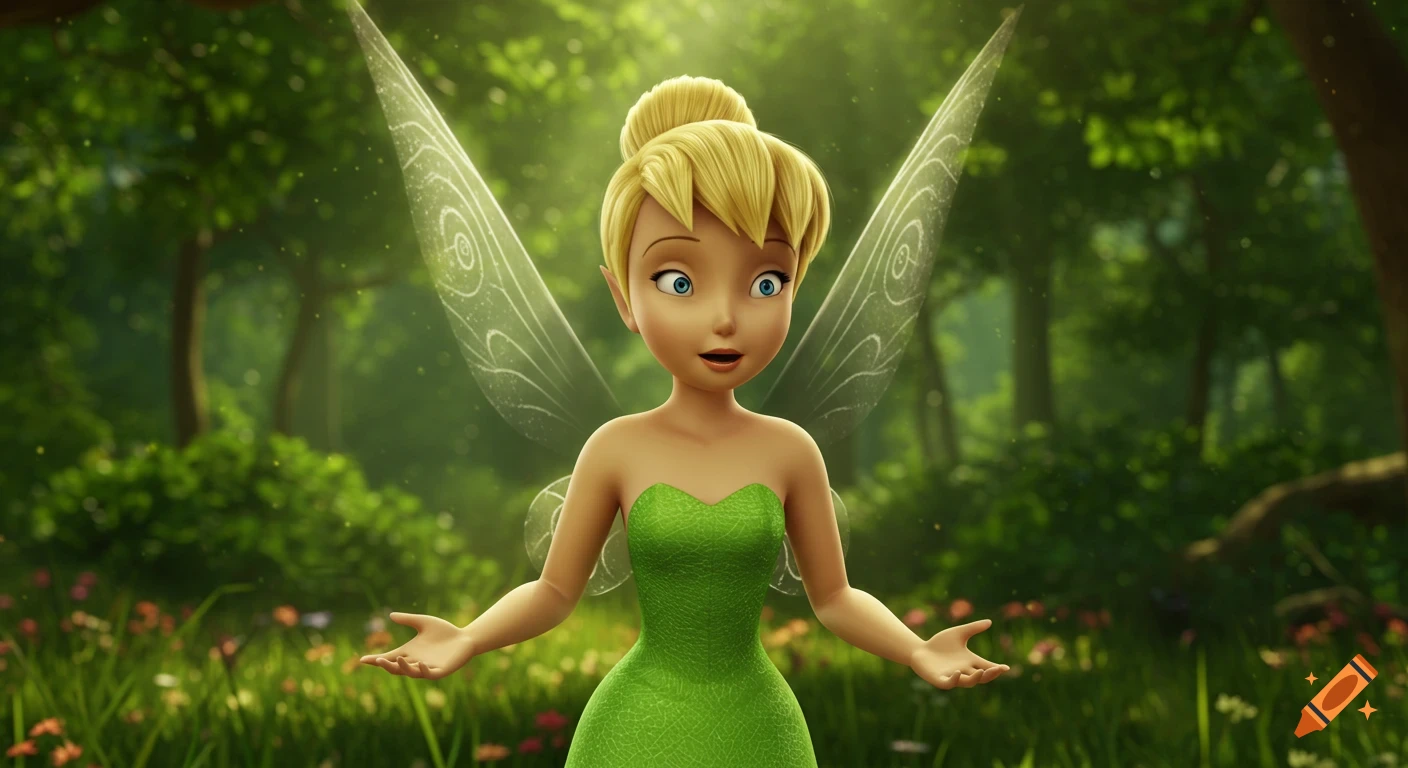 Tinkerbell, a blonde fairy in a green strapless dress, stands with outstretched hands in a sunlit animated forest.