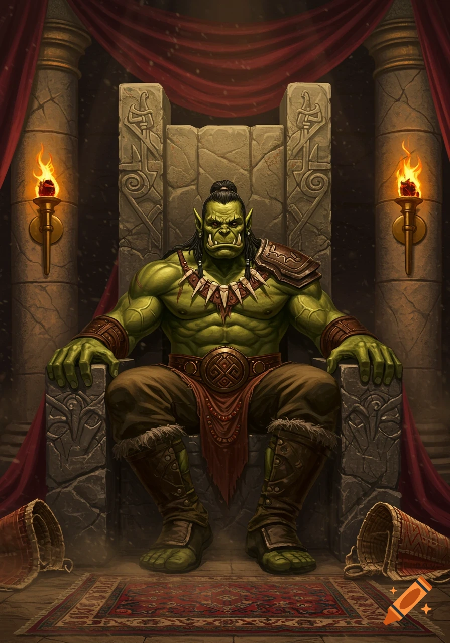 An imposing orc sits on a large stone throne in a dimly lit hall, adorned with armor and tribal jewelry.