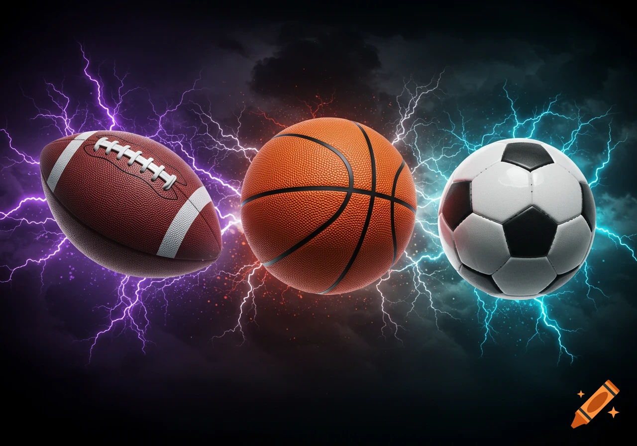 A football, basketball, and soccer ball float amidst vibrant lightning bolts against a dark, stormy sky.