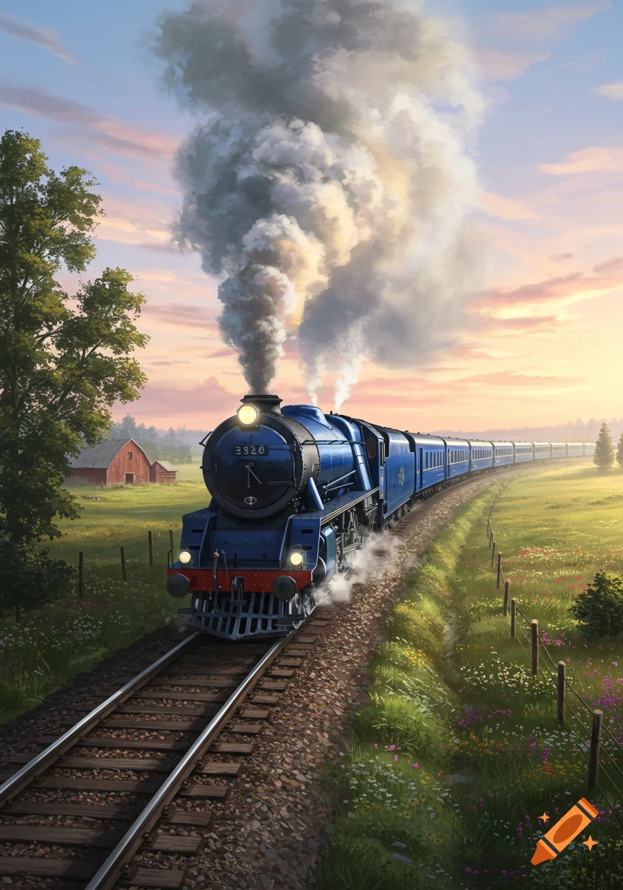 A blue steam train emits a large cloud of smoke as it travels through a green, wildflower-filled countryside at sunset.