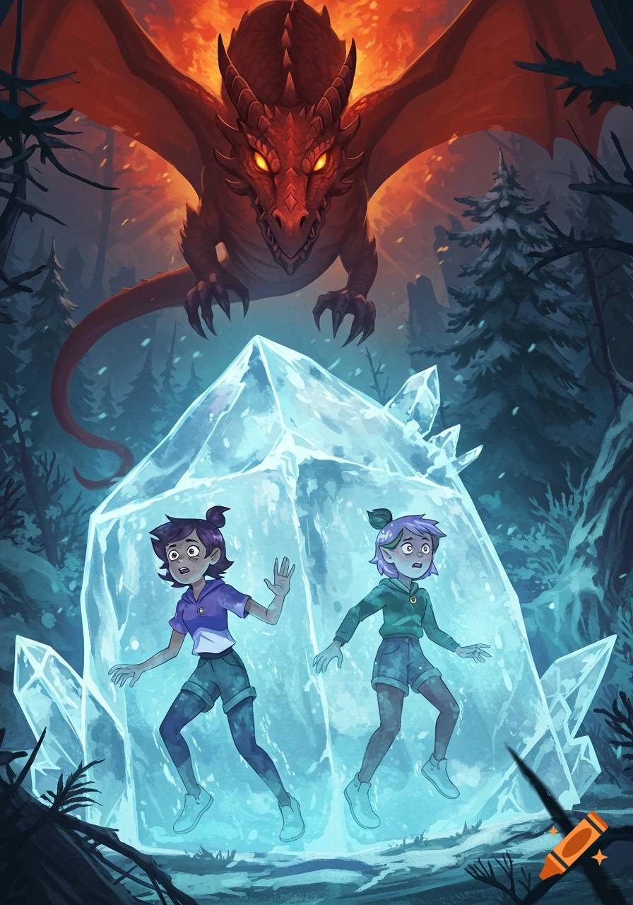 Cartoon of Luz and Amity frozen in a large ice block in a forest, with a red dragon flying overhead.