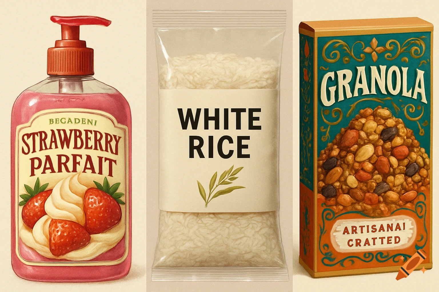 Three product packages: a pink soap bottle labeled "Strawberry Parfait," a clear bag of white rice, and a teal granola box with ornate gold designs.