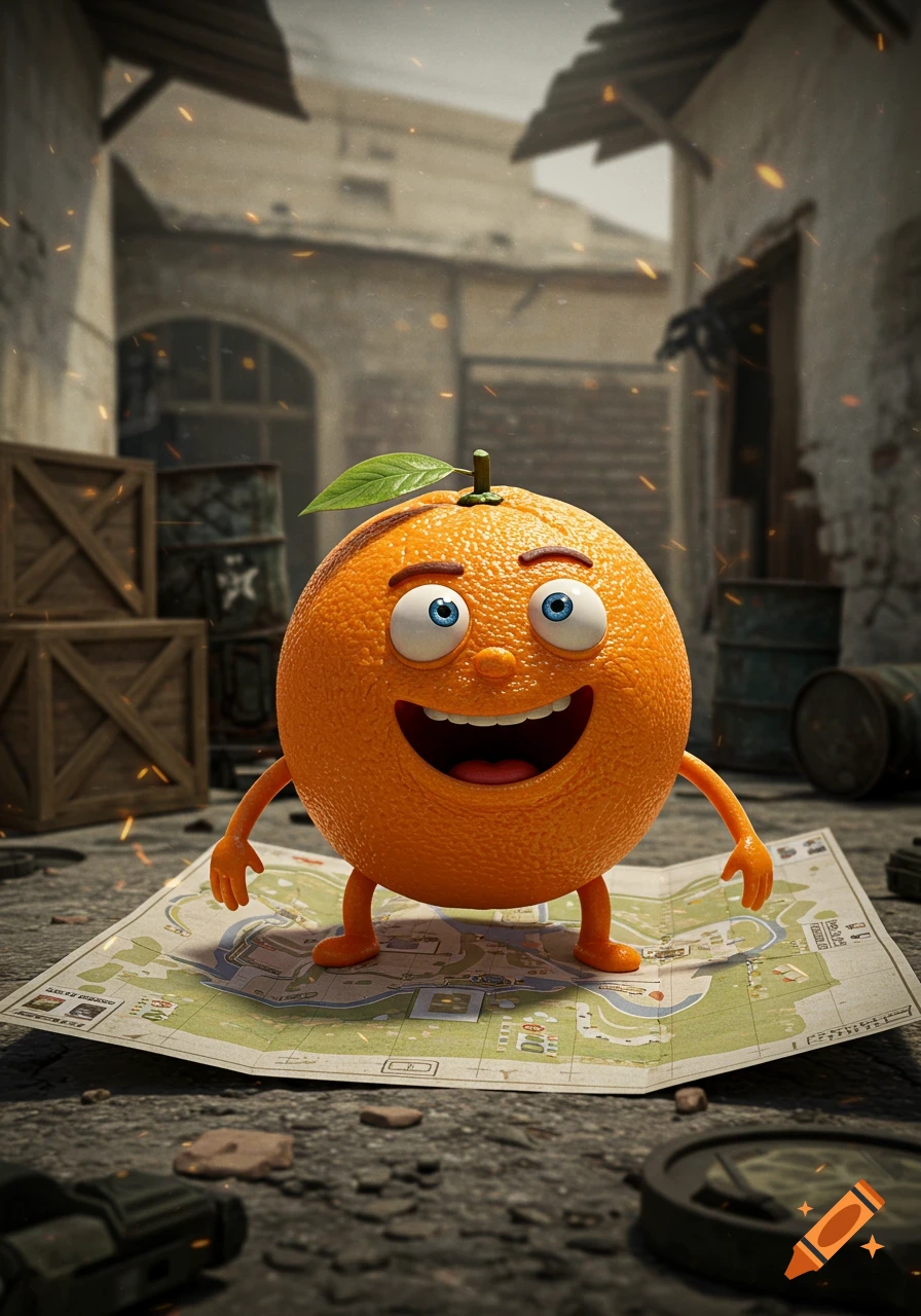 Cartoon orange character stands on a map in a gritty alleyway with crates and barrels, resembling a video game scene.