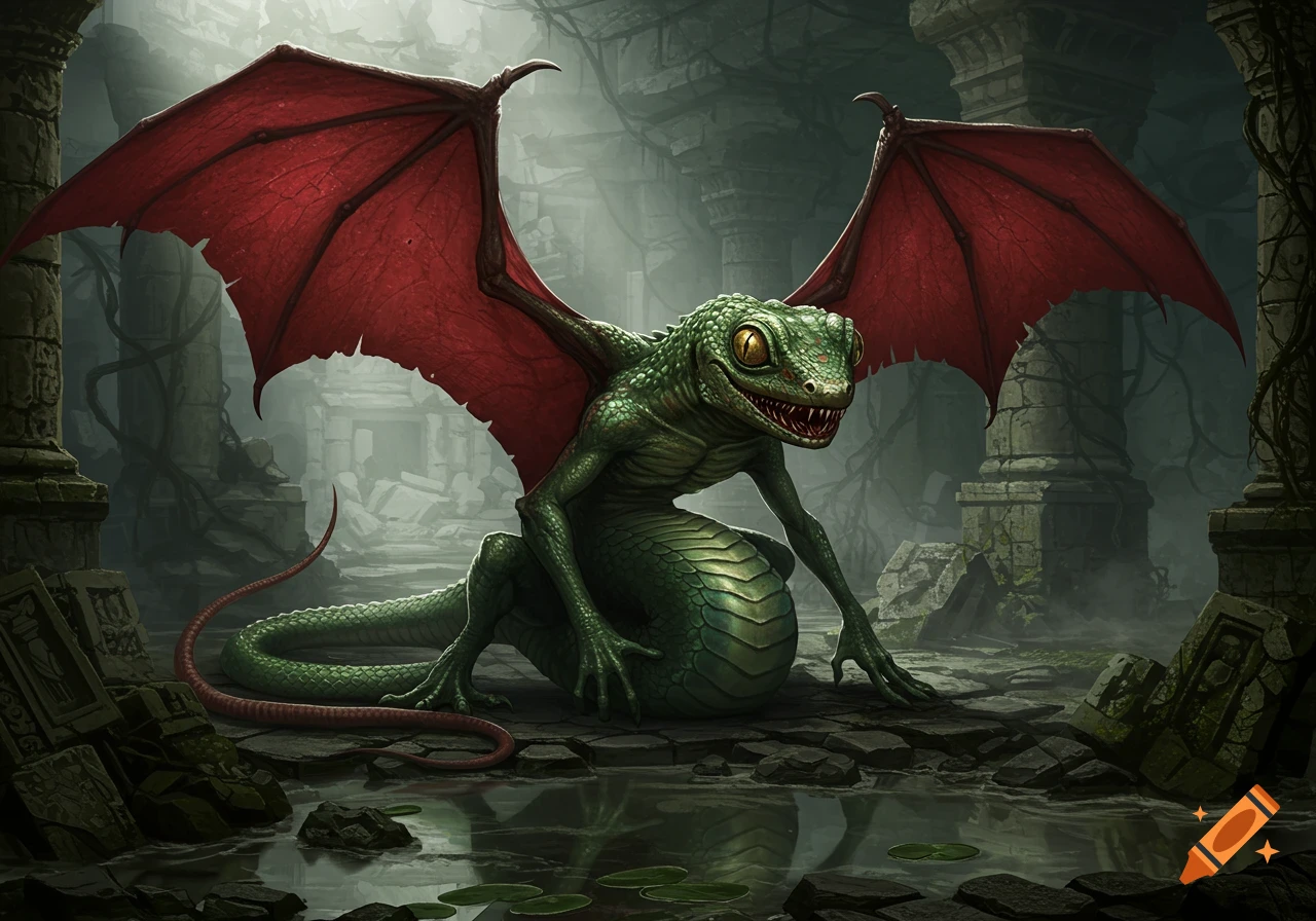 A green, scaly creature with red bat wings and a long tail squats in a ruined, misty dungeon with crumbling pillars.