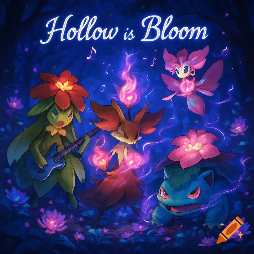 A vibrant, anime-style illustration of a fantasy band with four Pokemon-like creatures in a glowing twilight forest, one playing a guitar.