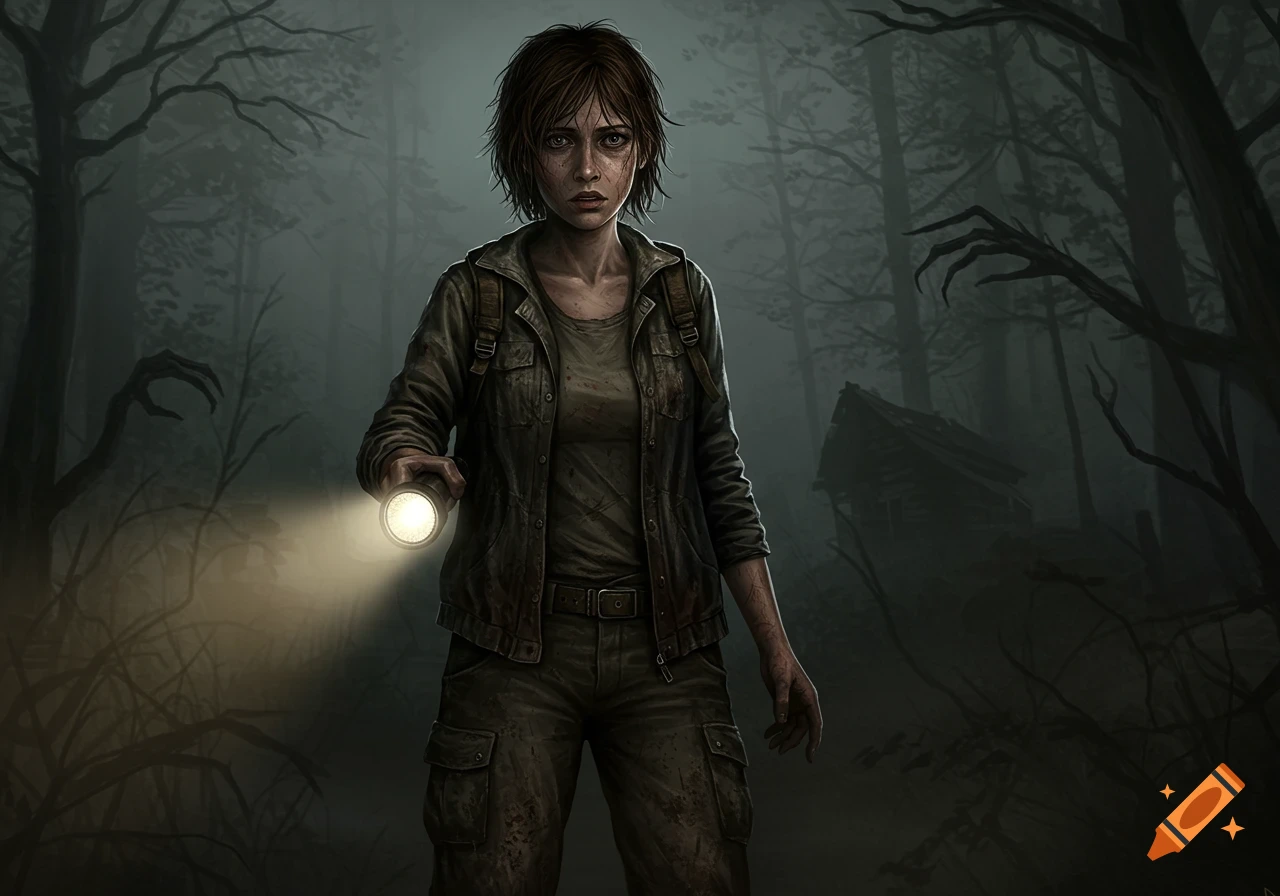 Female character with flashlight in a dark, misty forest with a cabin and creepy branches, in horror game art style.