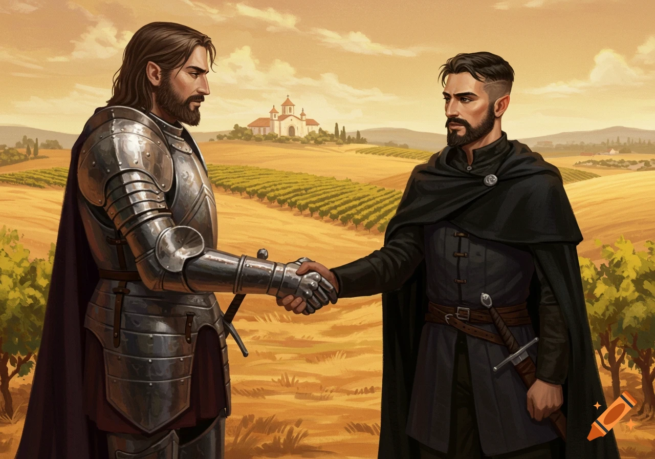 Two illustrated fantasy men, one in knight armor and one in a black cloak, shake hands in a sunlit vineyard with a building.