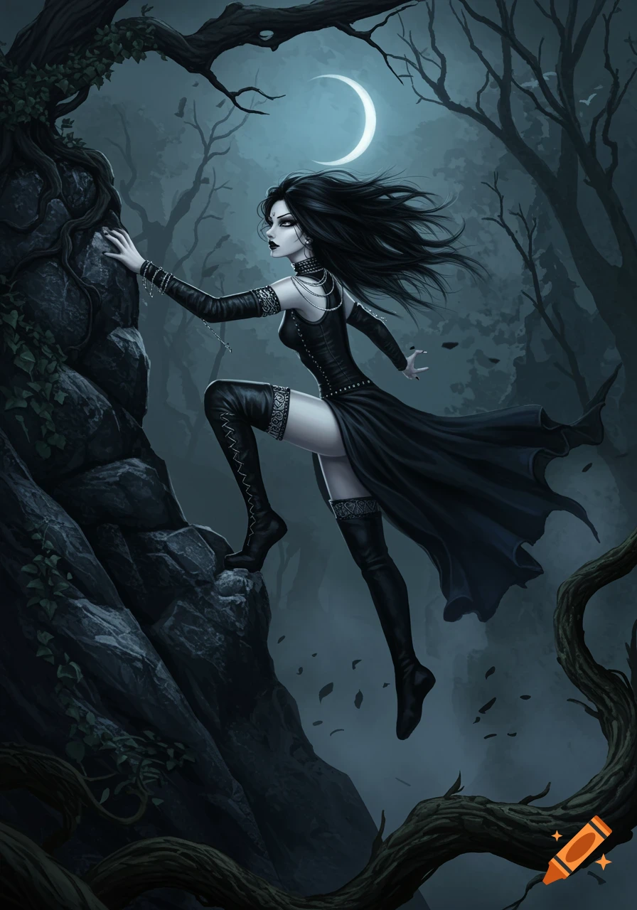 A goth girl with long black hair, dressed in black, climbing a dark, rocky formation under a crescent moon in a spooky forest.