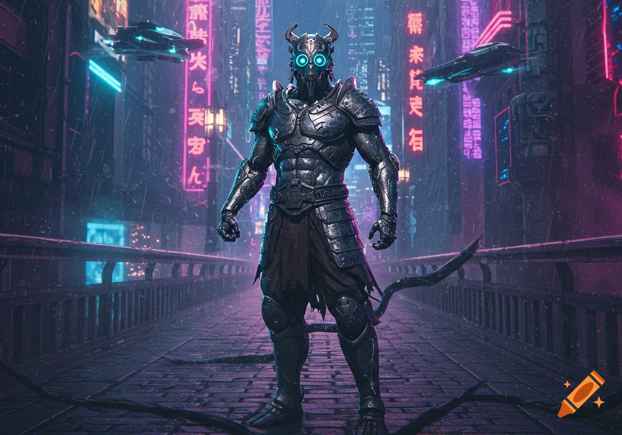 An armored warrior with glowing blue eyes and horns stands on a bridge in a rainy cyberpunk city at night with neon signs.