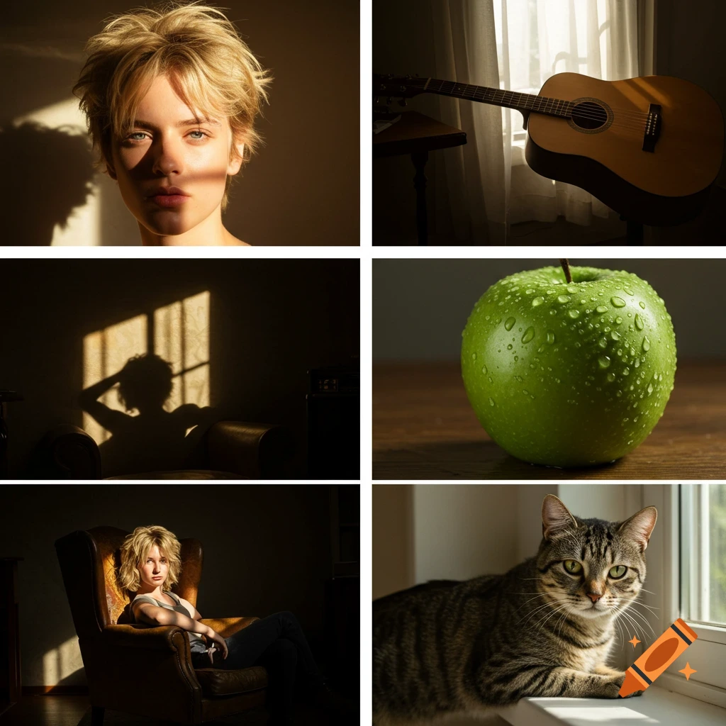 A six-panel collage features various scenes: a person with blonde hair in sunlight, an acoustic guitar, a room with a silhouette, a green apple, a person in an armchair, and a tabby cat on a windowsill.