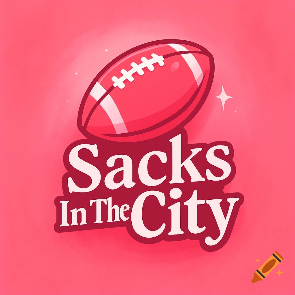 A pink and red football logo featuring a football above the white text "Sacks In The City" on a pink background.