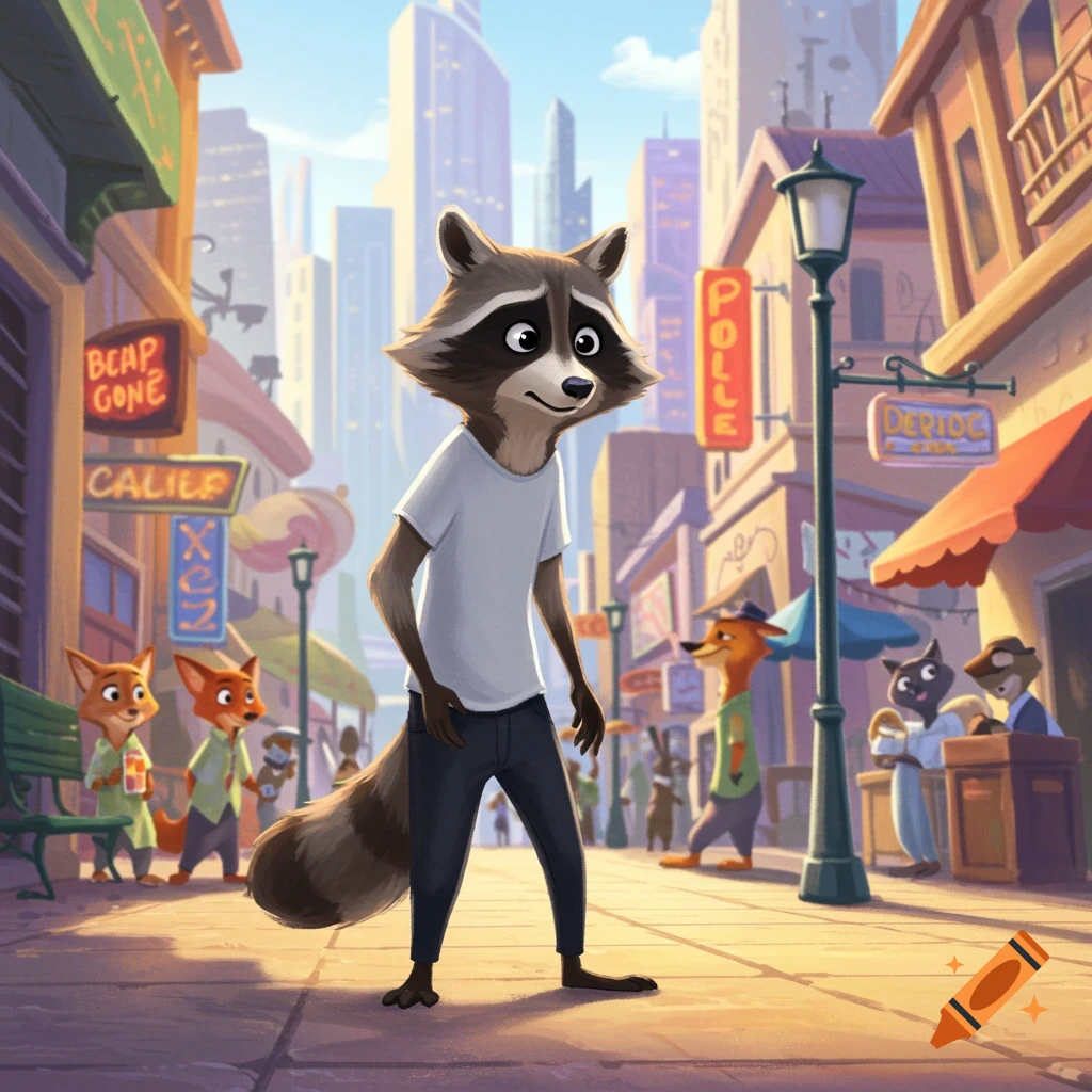 A cartoon anthropomorphic raccoon in a white t-shirt and dark jeans stands on a city street, with other animal characters and tall buildings in the background.