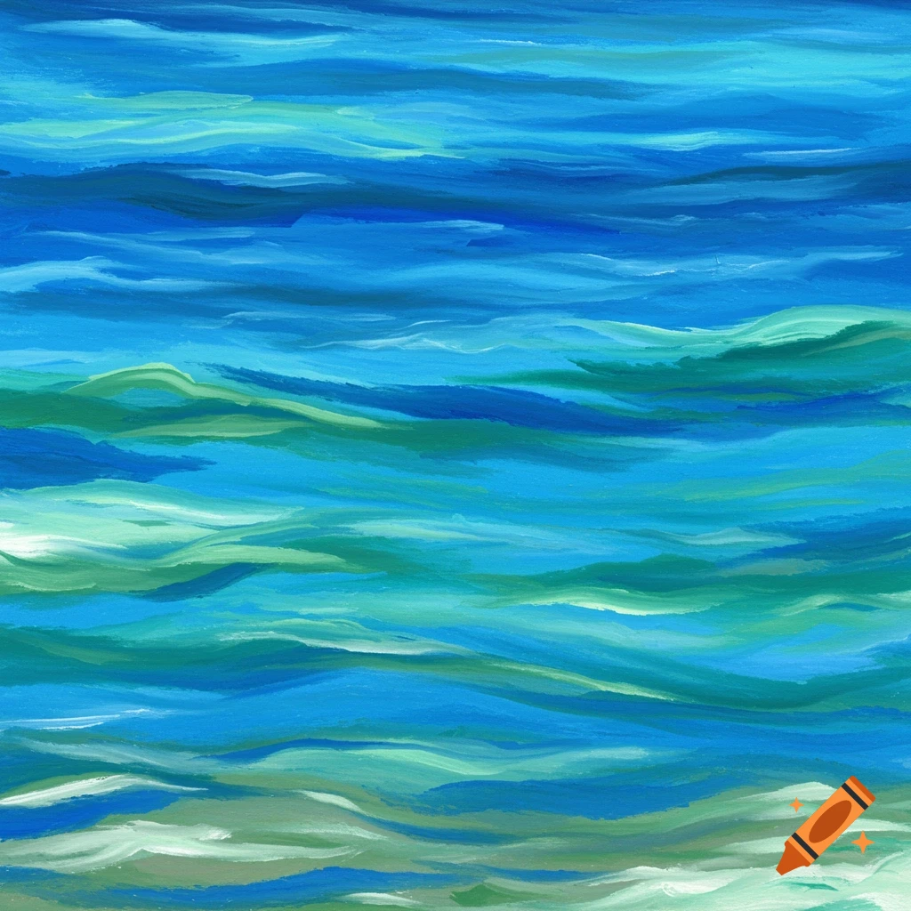 Abstract painting of blue, green, and teal waves.
