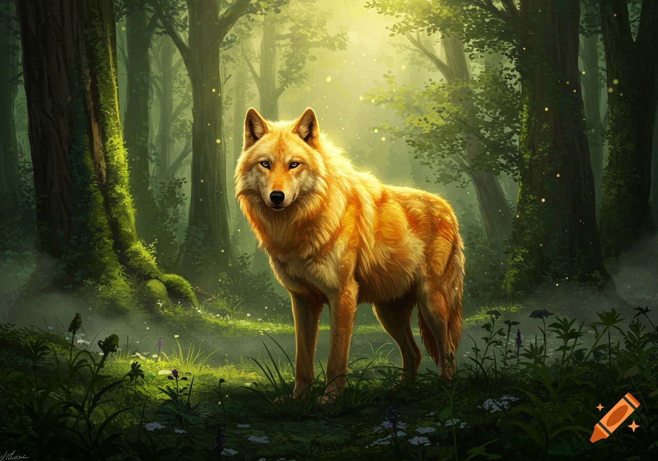 A vibrant golden wolf with dark eyes stands in a luminous, misty forest with tall trees and glowing flora. Digital art.