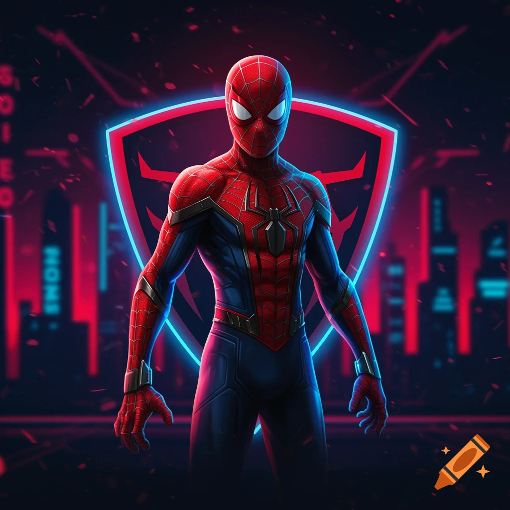 A Spider-Man like character in a red and blue suit stands in front of a glowing neon shield and futuristic city skyline.