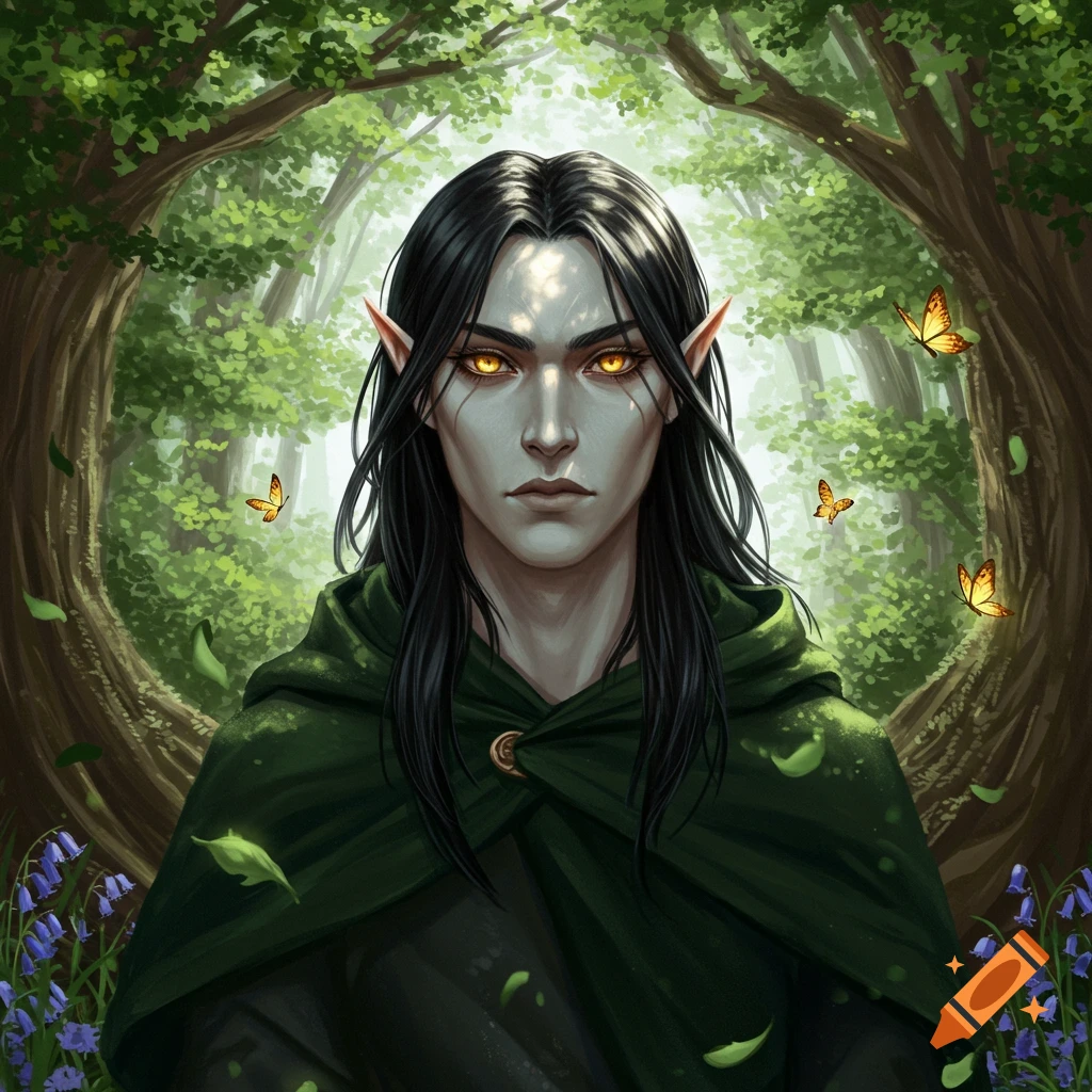 A serious dark-haired elf with glowing golden eyes in a green forest with butterflies.