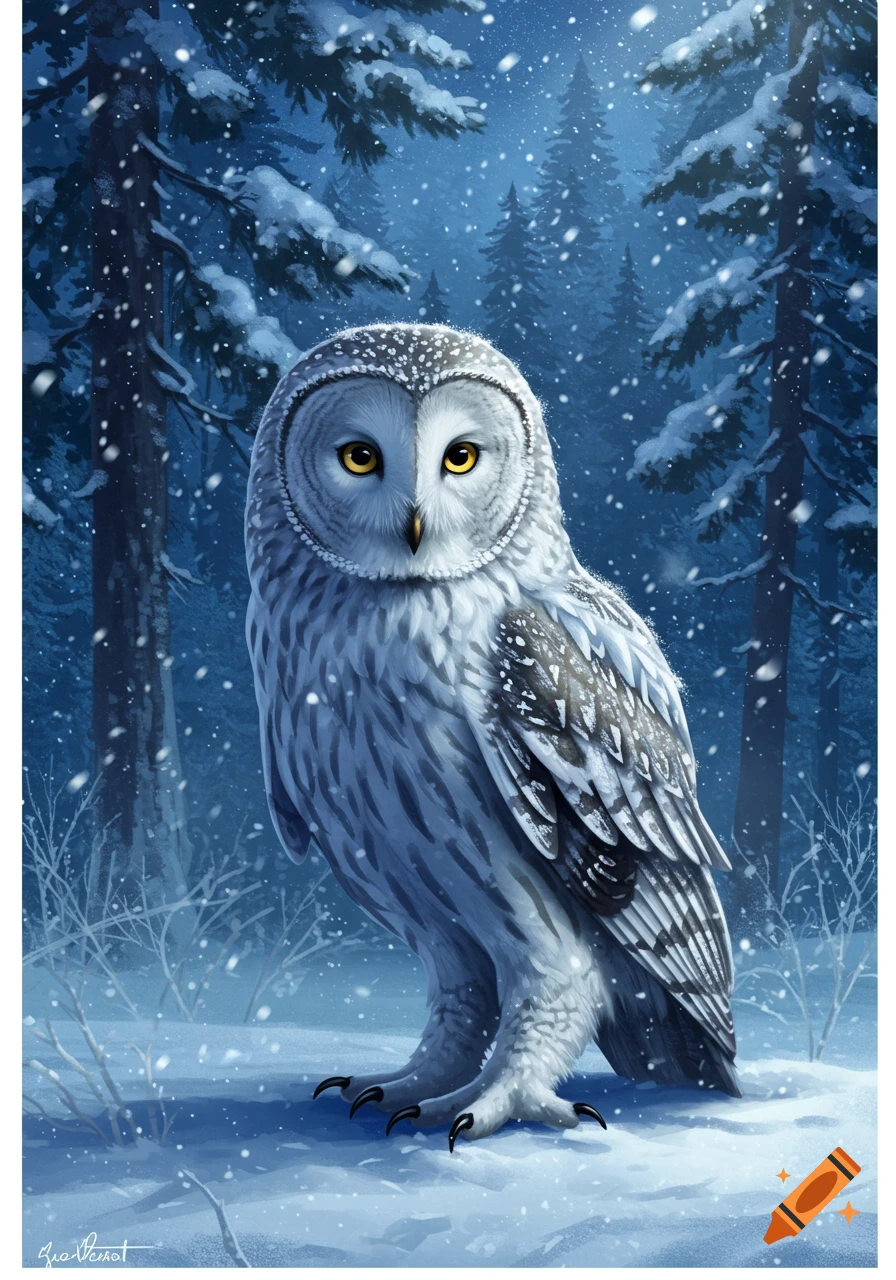 A white owl with striking yellow eyes stands in a snowy forest during a snowfall, depicted in an illustrative style.