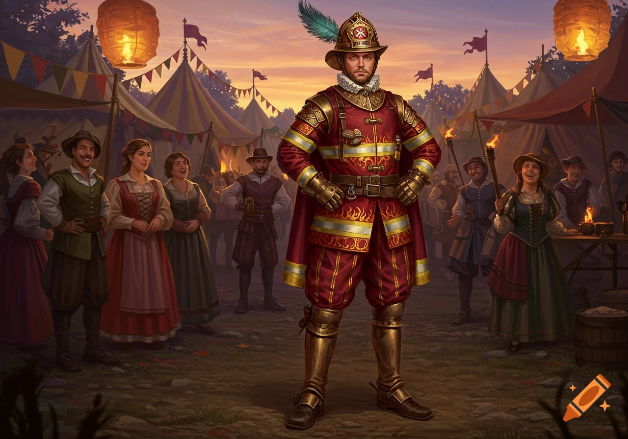 A man in a red and gold firefighter-themed Renaissance costume stands confidently at a bustling outdoor festival with tents and people.