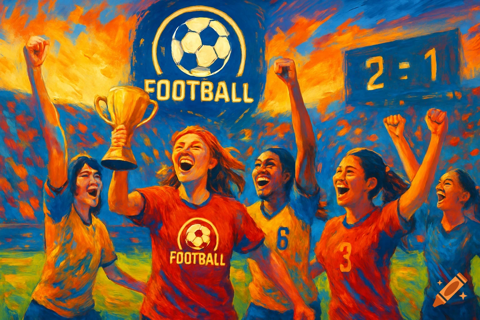 Digital art painting of a group of female football players celebrating a victory with a trophy and scoreboard showing 2-1.