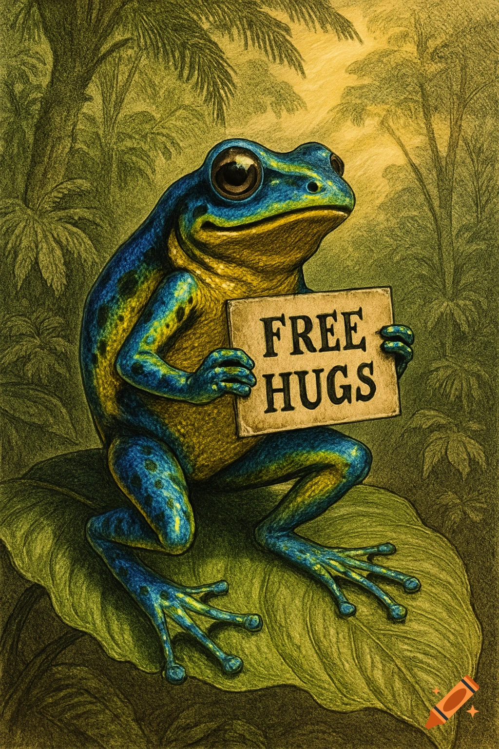 An 1880s-style illustration of a blue and yellow poison dart frog sitting on a large green leaf, holding a sign that says "FREE HUGS" in a jungle setting.