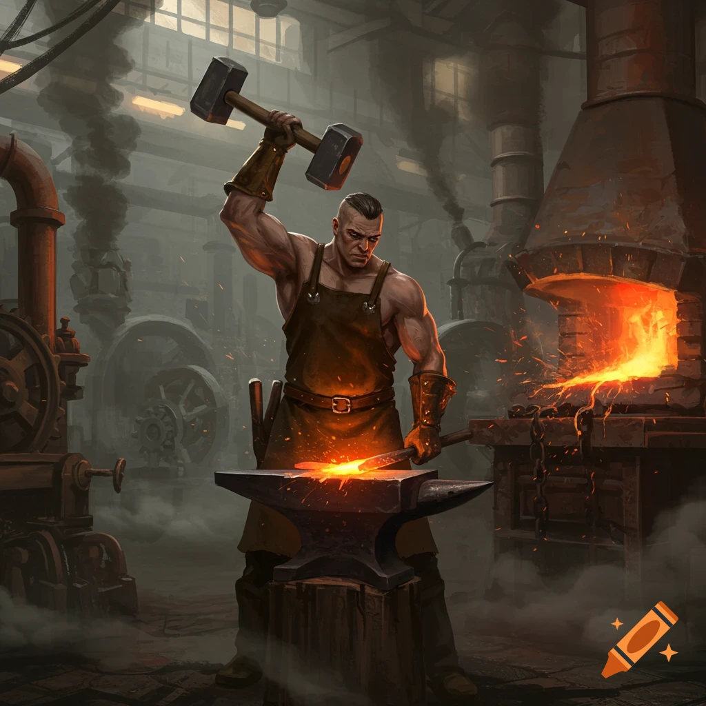 A muscular blacksmith in a leather apron raises a large hammer over a glowing hot metal piece on an anvil, in a smoky, dimly lit industrial forge.