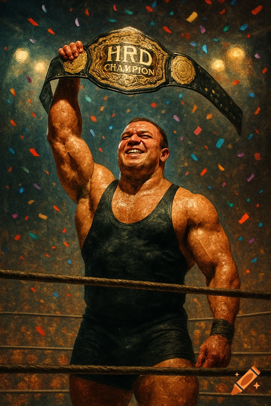 A muscular wrestler in a black singlet stands in a ring, raising a championship belt with 'HRD Champion' written on it, as confetti falls around him.