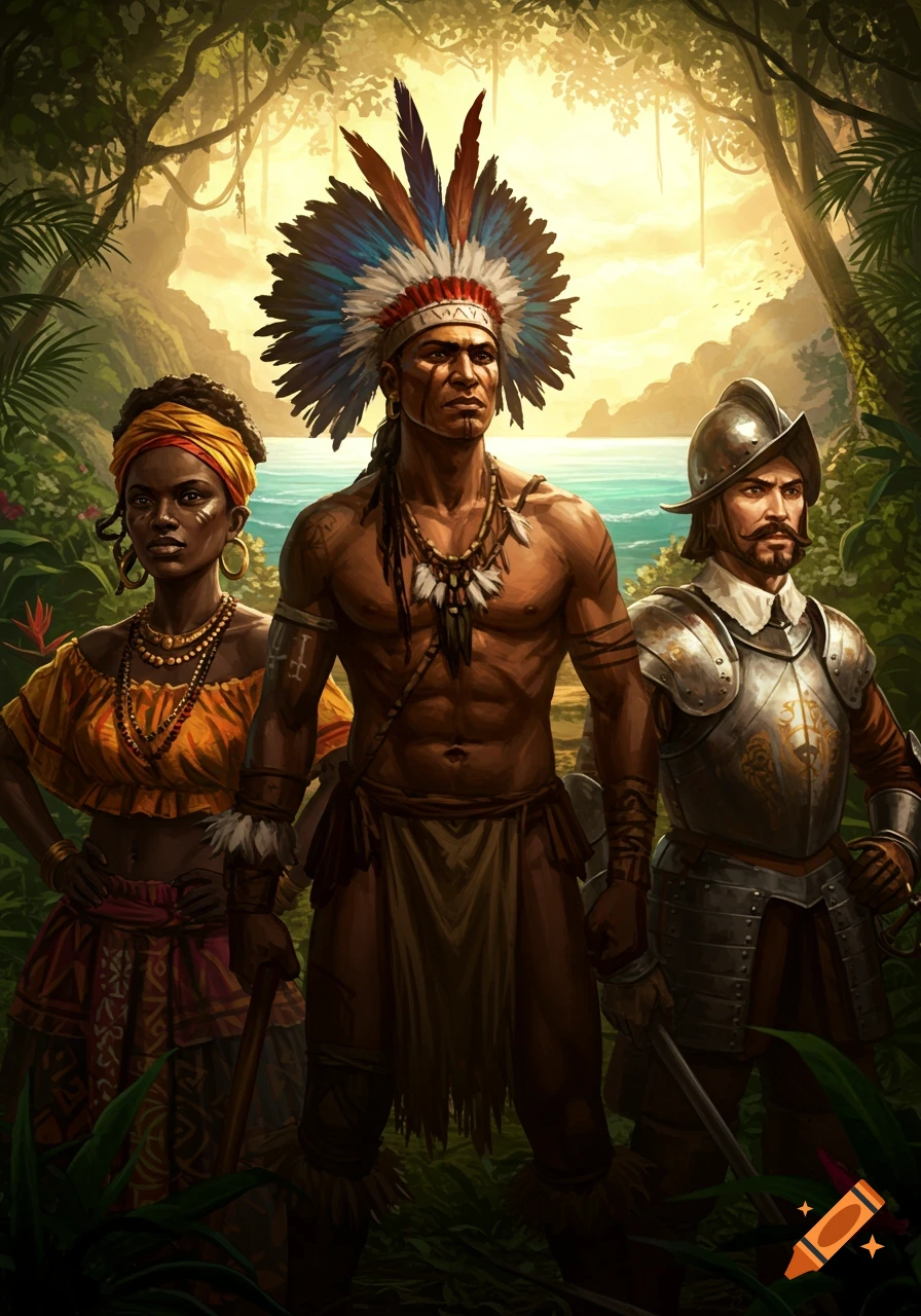 A painted illustration of an indigenous man, an African woman, and a Spanish conquistador standing in a lush tropical jungle with an ocean backdrop.