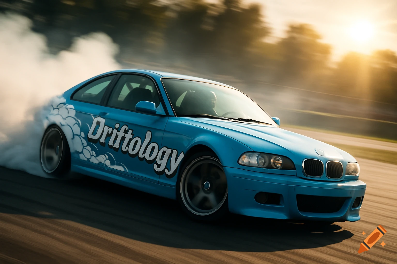 A sky blue BMW E46 drift car kicks up thick smoke while drifting on a track under dramatic sunlight.