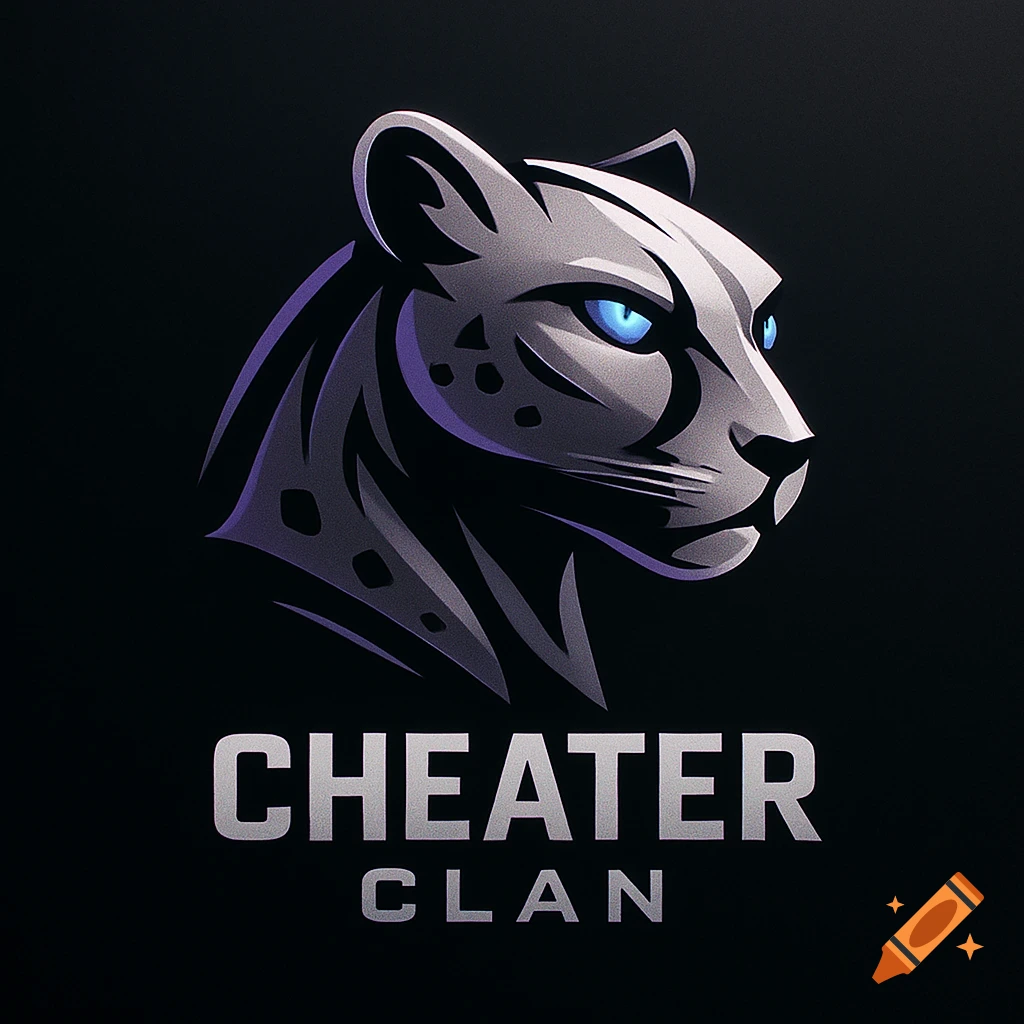 Stylized grey panther head with blue eyes above CHEATER CLAN text on a dark background, in a logo style.