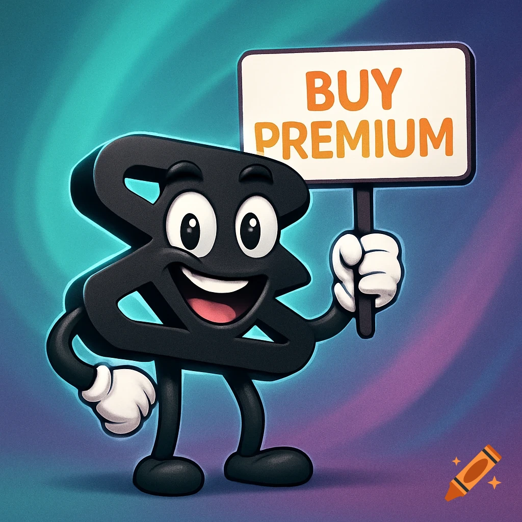 A black cartoon ampersand character smiling and holding a white sign that says 'BUY PREMIUM' in orange text, on a swirling teal and purple background.