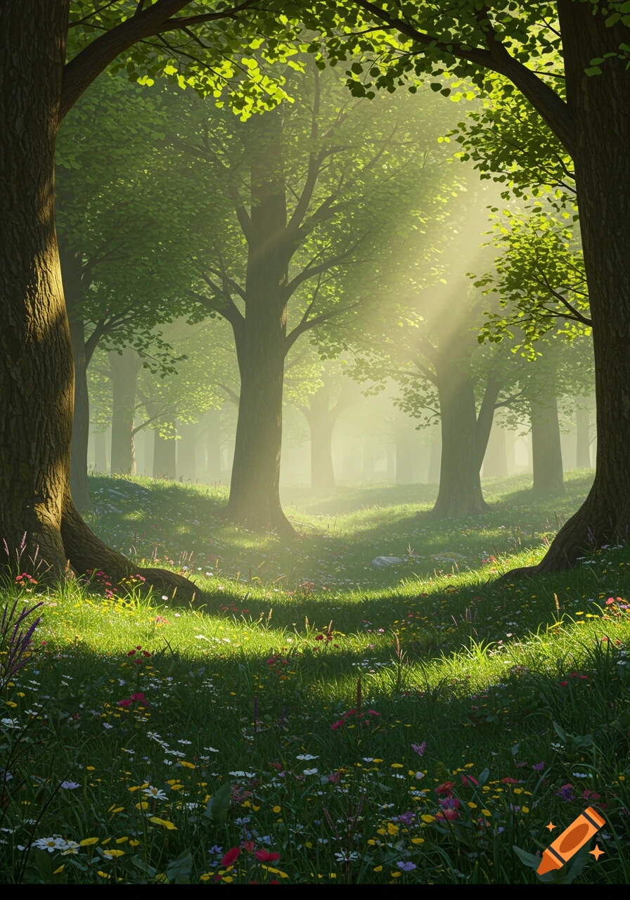 Sunlit forest with bright green trees and a wildflower-filled meadow, with light rays streaming through the canopy.