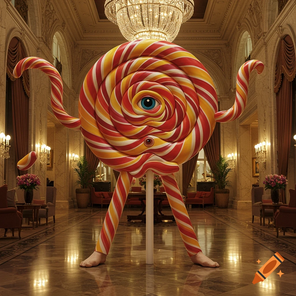 A giant, colorful red, yellow, and white swirled lollipop monster with a blue eye, small mouth, human feet, and arm-like extensions stands in a luxurious hotel lobby.