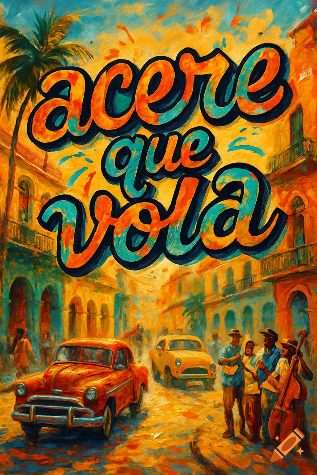 Vibrant painting of a Cuban street with classic cars, musicians, and large text 'acere que vola'.