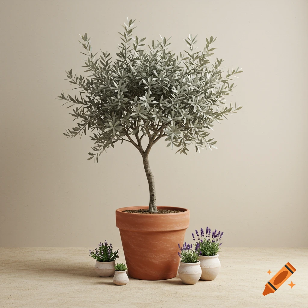 A photorealistic image of a potted olive tree surrounded by smaller potted lavender and succulent plants against a neutral background.