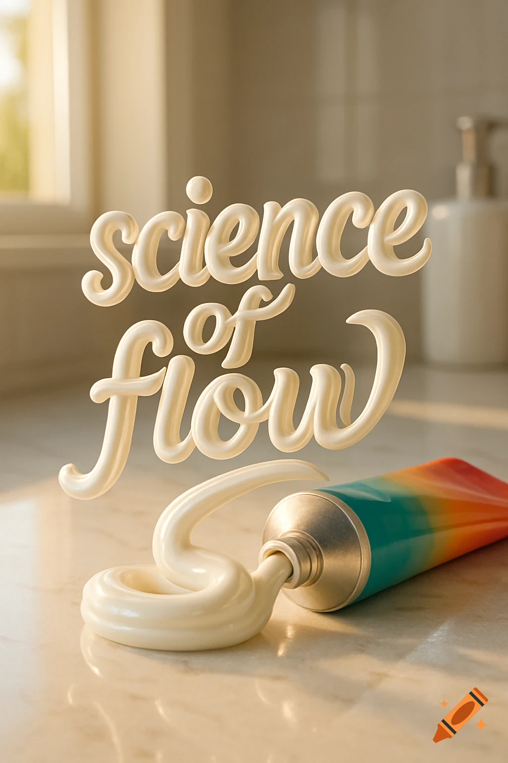 3D rendered text 'science of flow' made from white toothpaste squeezing out of a colorful tube onto a marble surface.