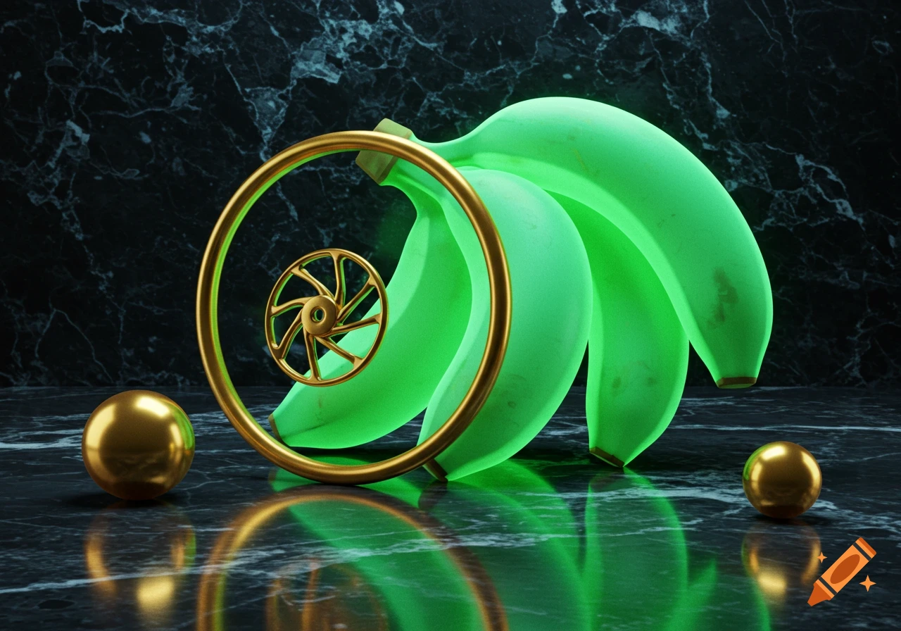 Neon green bananas, a golden spiral ring, and golden spheres on a dark marble surface.