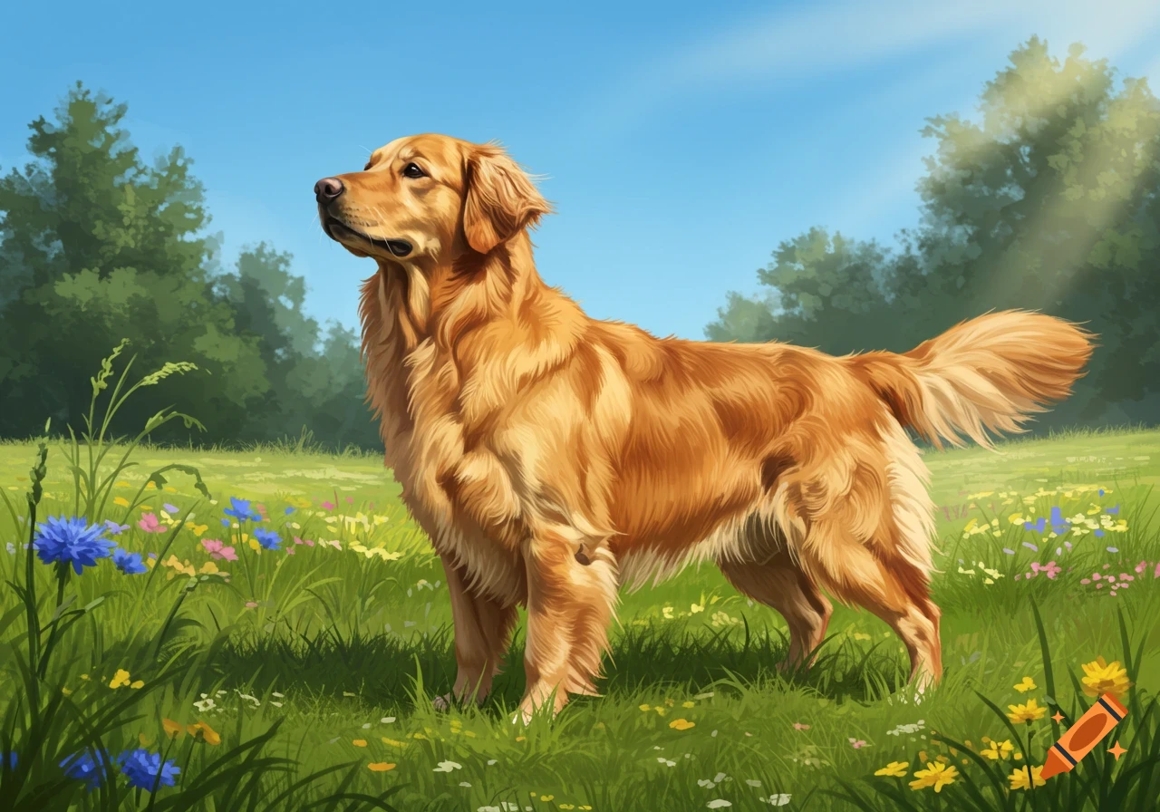 A golden retriever stands in a sunlit field of yellow and blue ...