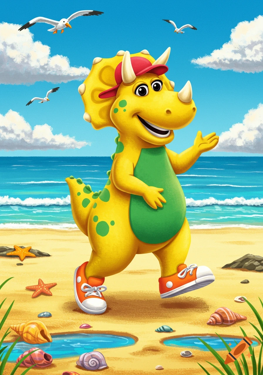A cartoon yellow dinosaur character wearing a red hat and orange shoes stands on a sunny beach, waving, with seagulls flying above the ocean.