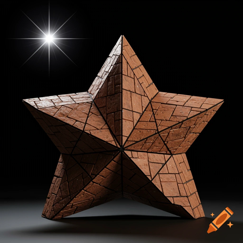A geometrically shaped star made of reddish-brown brick segments, outlined in black, against a dark background with a bright white star in the upper left corner.