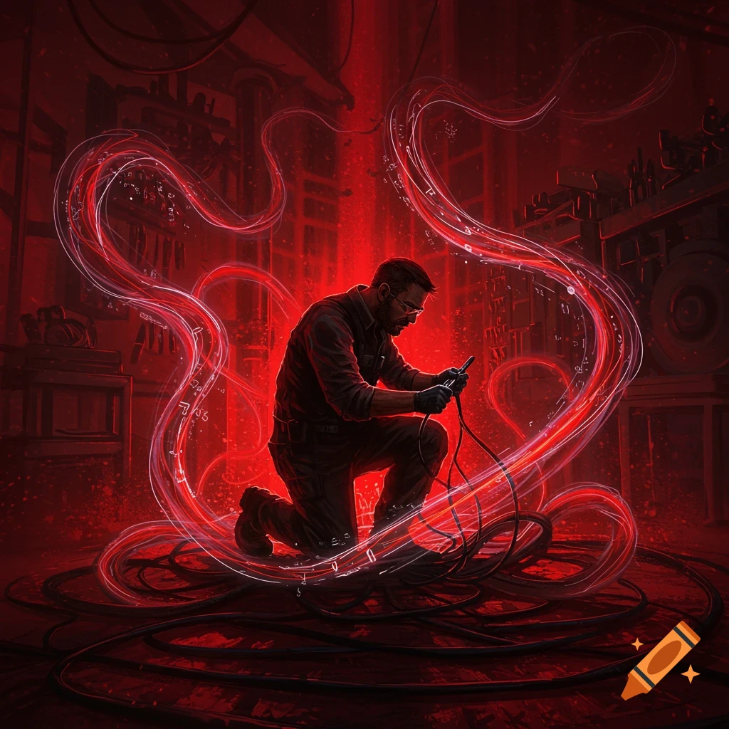 A man in dark clothes kneels amidst tangled wires, surrounded by glowing red, flowing abstract data streams in a dark, red-lit room.