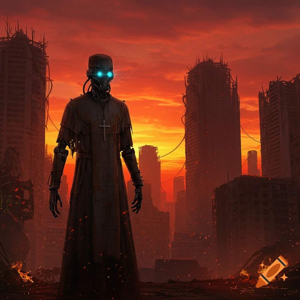 A robot in a priest's robe stands in a desolate, destroyed city under a fiery orange sky.