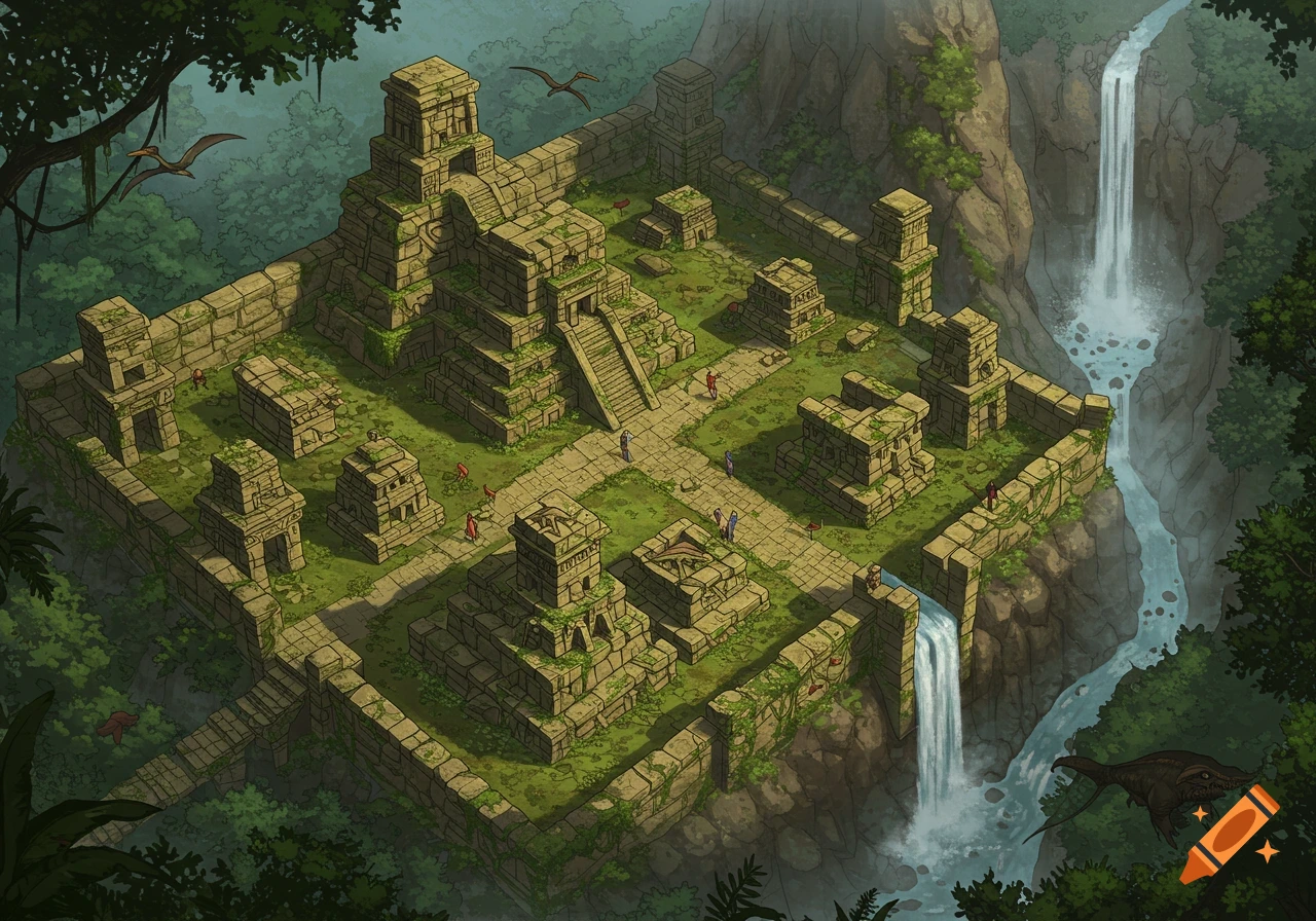 Overhead DnD map art of an ancient stone temple city in a lush jungle with waterfalls and flying creatures.