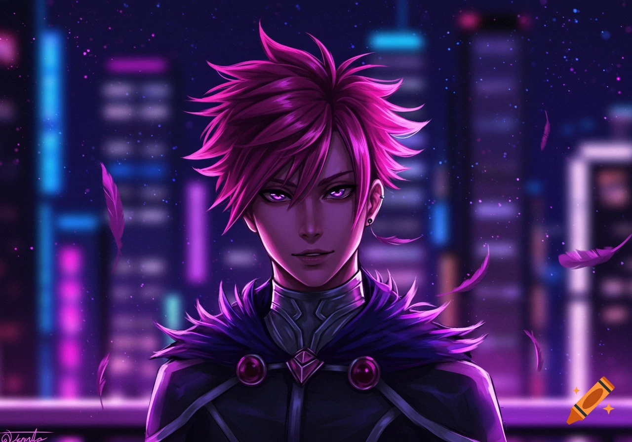 An anime boy with spiky pink hair and glowing purple eyes, wearing a dark cape, stands against a neon city night sky with floating feathers.