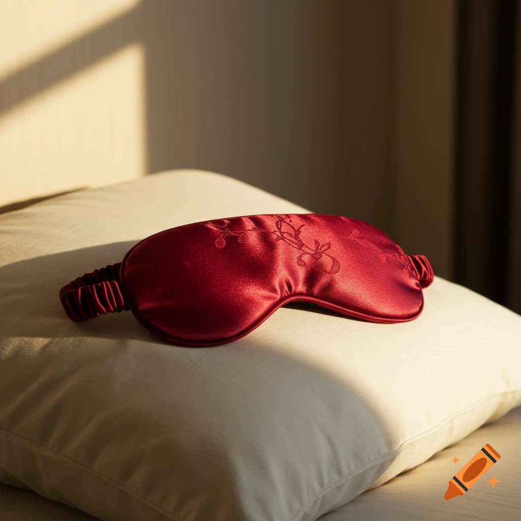A red satin sleep mask with intricate embroidery rests on a white pillow in a sunlit room, suggesting a peaceful bedroom setting.