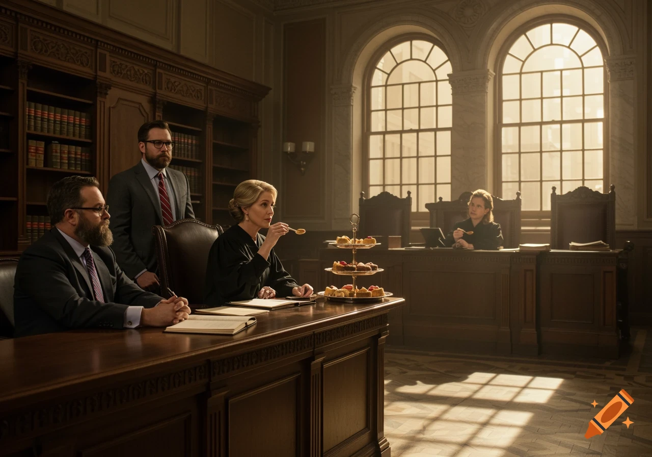 A female judge eats pastries from a tiered stand while two men observe in a grand, sunlit courtroom.