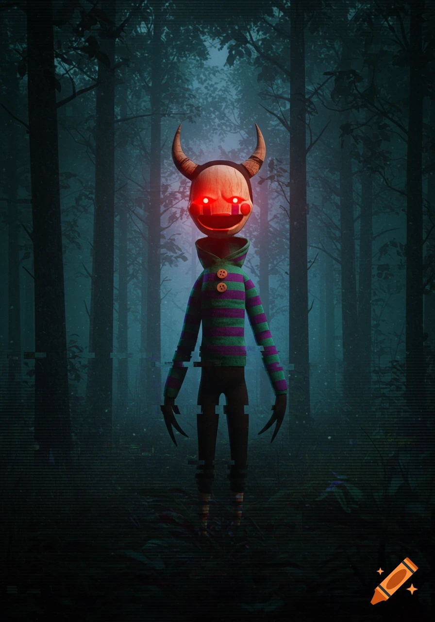 A horned puppet with glowing red eyes and a striped hoodie stands in a dark, misty forest with a glitchy static effect.