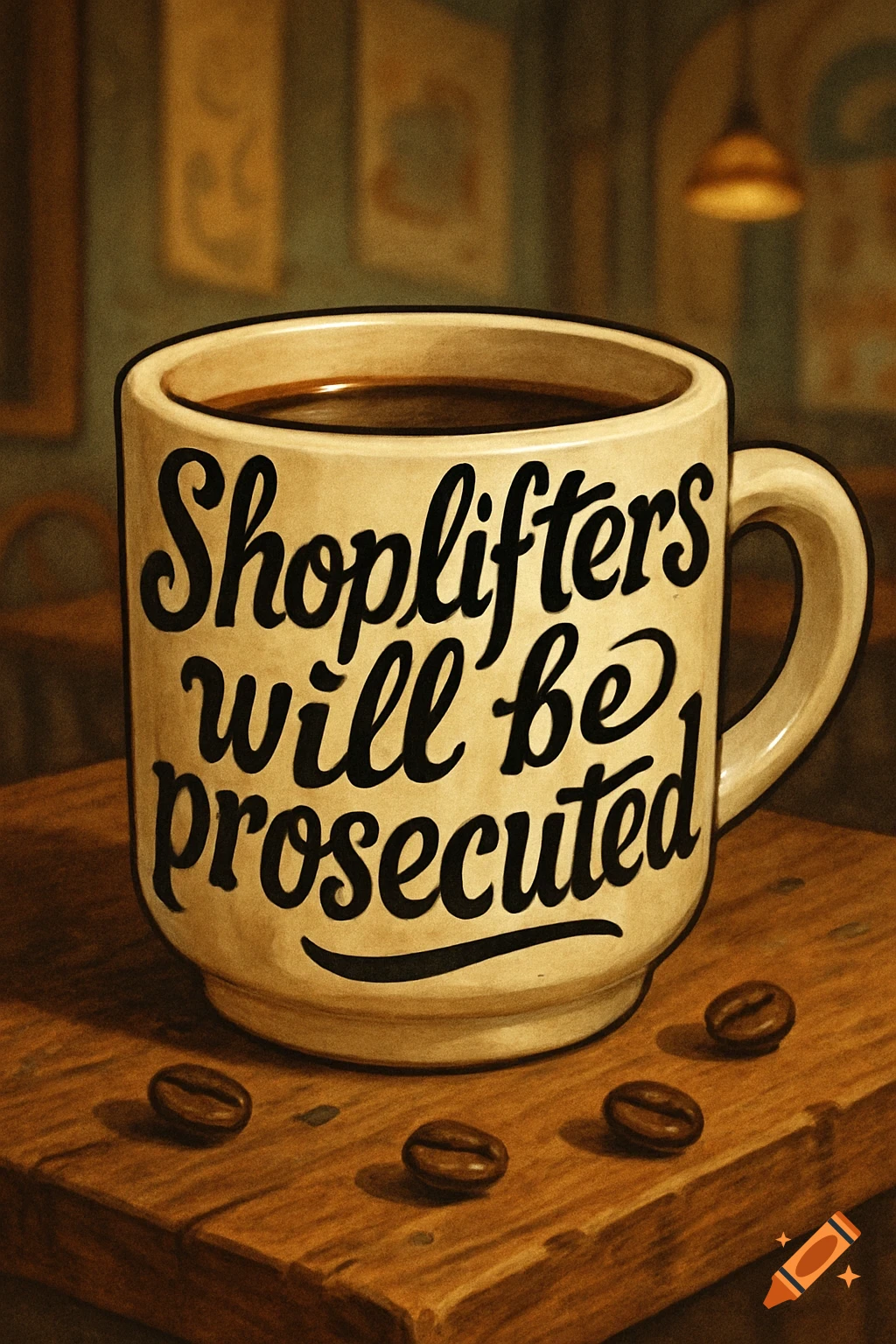 Illustrated coffee cup with 'Shoplifters will be prosecuted' text on a wooden table with coffee beans in a cafe.