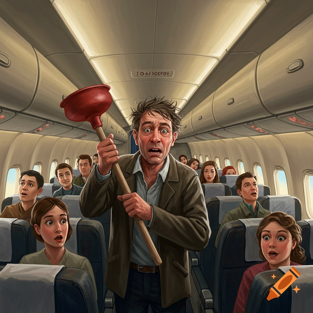 An illustration of a man with a startled expression holding a red toilet plunger, standing in an airplane aisle while passengers look on in surprise.